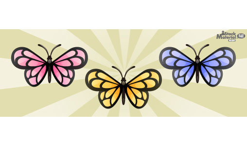 透明感のある色使いと丸みのついたデザインが可愛い3色の蝶のイラストセット
