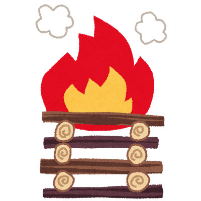 フリー素材 キャンプファイヤーの炎を見つめる男の子と女の子を描いたかわいいイラスト
