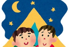 仲良くテントに入って星空を見上げる男の子達のイラスト