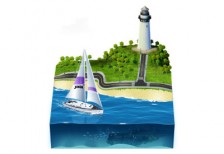 灯台の見える海辺とヨットの風景を四角く切り取ったデザインの綺麗なイラストアイコン