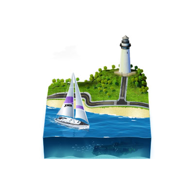 灯台の見える海辺とヨットの風景を四角く切り取ったデザインの綺麗なイラストアイコン