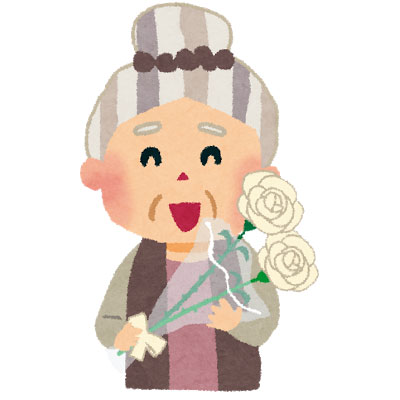 無料素材 白いバラの花束を持ったおばあちゃんを描いたイラスト やさしい笑顔がかわいい雰囲気