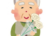 白いバラのプレゼントを受け取って笑顔のおじいちゃんを描いたイラスト