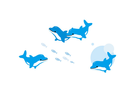 楽しそうに泳ぐイルカ達を描いたイラストセット。爽やかな夏のデザインに。