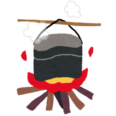 無料素材 薪の炎で飯盒を使ってご飯を炊くところを描いたイラスト 夏のキャンプのデザインに