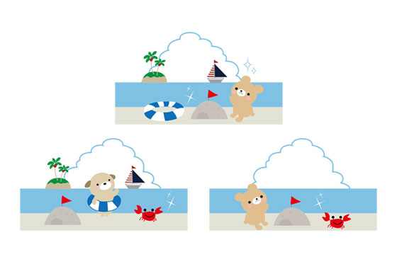 無料素材 夏の海と動物のキャラクター達を描いたかわいいイラストセット