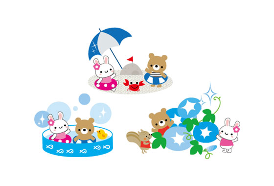 無料素材 プール遊びをする動物達を描いたかわいいイラストセット