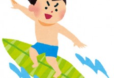 サーフィンをしている男の子のイラスト。波を乗りこなすスピード感のあるデザイン。