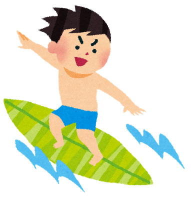 サーフィンをしている男の子のイラスト。波を乗りこなすスピード感のあるデザイン。
