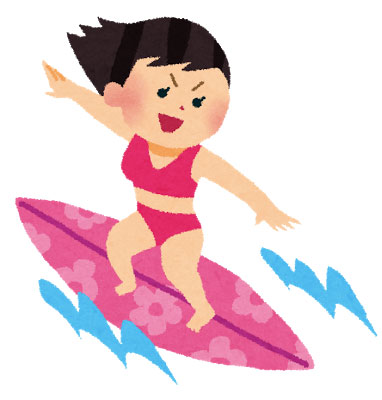 かっこよくサーフボードを乗りこなす女性サーファーを描いたイラスト
