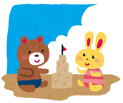 海の砂浜でお城を作るクマとウサギのキャラクターを描いたかわいいイラスト