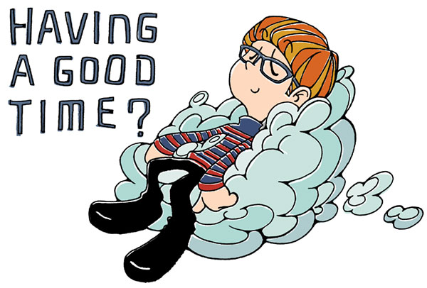 雲のソファーでリラックスする男の子を描いた、暑中見舞い・残暑見舞いのイラストテンプレート