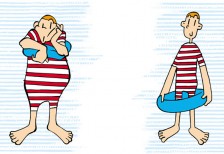 水着の男の子と浮き輪を描いたコミカルなデザインの暑中見舞いのイラストテンプレート