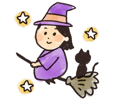 黒猫を乗せてホウキで空を飛ぶ魔女を描いたイラスト。ゆるいタッチがかわいいデザイン。