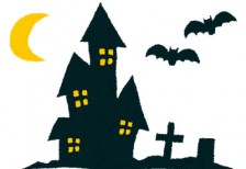 コウモリの飛びまわるお化け屋敷を描いたイラスト。ハロウィンのデザインに。