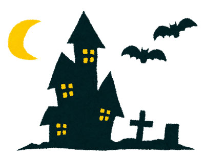 コウモリの飛びまわるお化け屋敷を描いたイラスト。ハロウィンのデザインに。