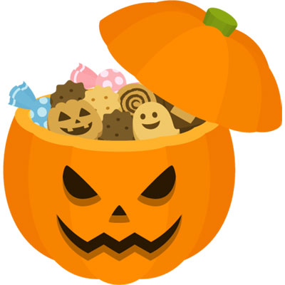 たくさんのお菓子が詰まったハロウィンかぼちゃ型のお菓子入れのイラスト