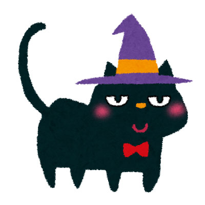 魔女帽子と蝶ネクタイ姿の猫のキャラクターのイラスト。楽しいハロウィンのデザインに。
