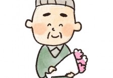 花束を持って笑顔のおじいちゃんを描いたイラスト。やさしい雰囲気が敬老の日のデザインにぴったり。