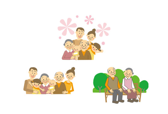 無料素材 おじいちゃんとおばあちゃんを中心に家族を描いたイラストセット 敬老の日のデザインに
