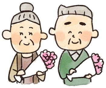 花束を持ったお爺ちゃんとお婆ちゃんのイラスト。優しい雰囲気が敬老の日のデザインにぴったり。
