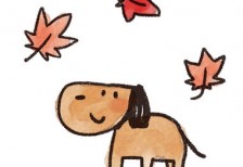 紅葉と犬を描いたイラスト。薄く溶いた水彩絵具風のかわいいデザイン。