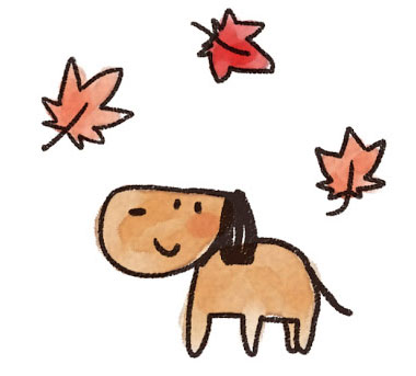 紅葉と犬を描いたイラスト。薄く溶いた水彩絵具風のかわいいデザイン。