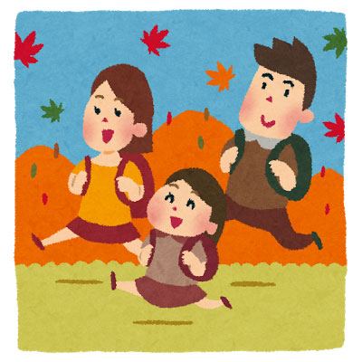 楽しそうに紅葉狩りをする家族を描いたイラスト。秋のデザインに。