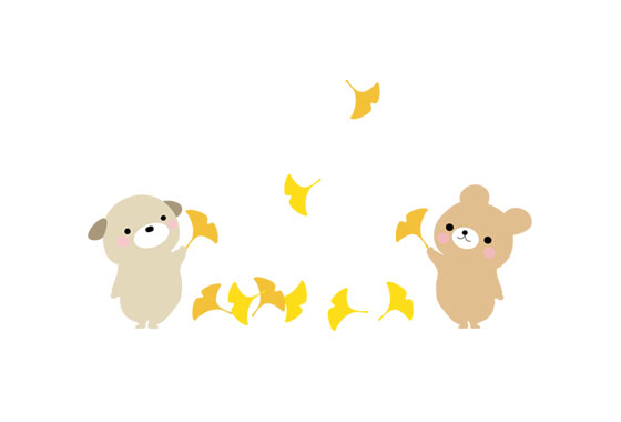 フリー素材 黄色く紅葉したイチョウの葉と動物達を描いたイラストセット クマやパグがとっても可愛いデザイン