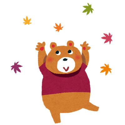 カラフルな落ち葉の中で楽しそうにはしゃぐクマのキャラクターを描いたイラスト