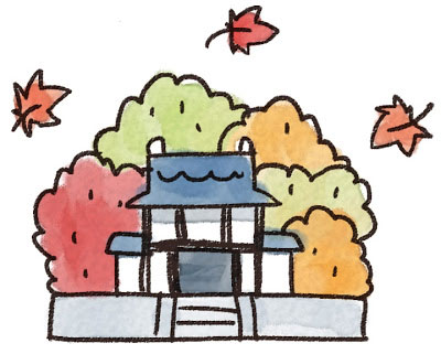 フリー素材 紅葉の森とお寺を描いた和風イラスト カラフルな色使いがとっても綺麗