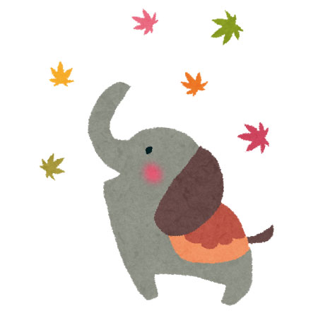 カラフルな紅葉の中で楽しそうにしている象のキャラクターを描いたイラスト