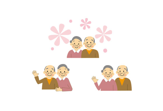 おじいちゃんとおばあちゃんの夫婦を描いたイラストセット。敬老の日のデザインに。
