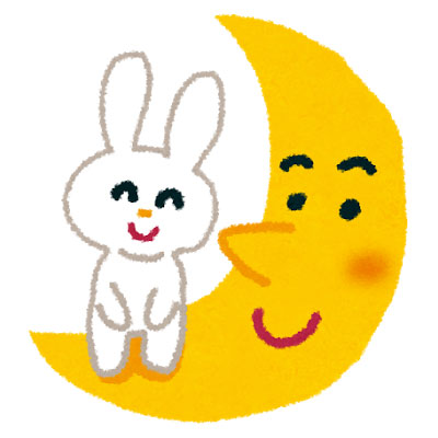 三日月に座った笑顔のウサギを描いたイラスト。秋のお月見のデザインに。