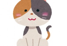 行儀よく座っている三毛猫を描いたイラスト。日本的な雰囲気が可愛いデザイン。
