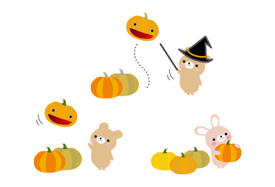 ハロウィンかぼちゃと可愛い動物達を描いたイラスト素材集 マやウサギにパグ犬など