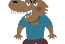 牙をむきだしにして怖い表情をした狼男のイラスト。ハロウィンのデザインに。