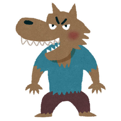 牙をむきだしにして怖い表情をした狼男のイラスト。ハロウィンのデザインに。