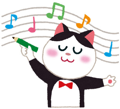 無料素材 五線譜に鉛筆で音符を書く白黒猫の音楽家を描いた可愛いイラスト