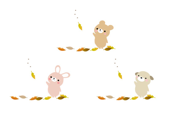 ひらひら落ちる落ち葉と動物達を可愛い描いたイラストセット。秋冬のデザインに。