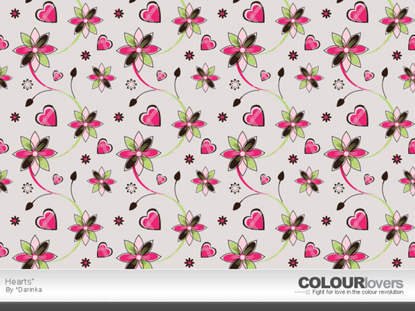 花とハートをデザインしたイラストパターン。ピンクとグリーンが可愛くてガーリーな雰囲気。