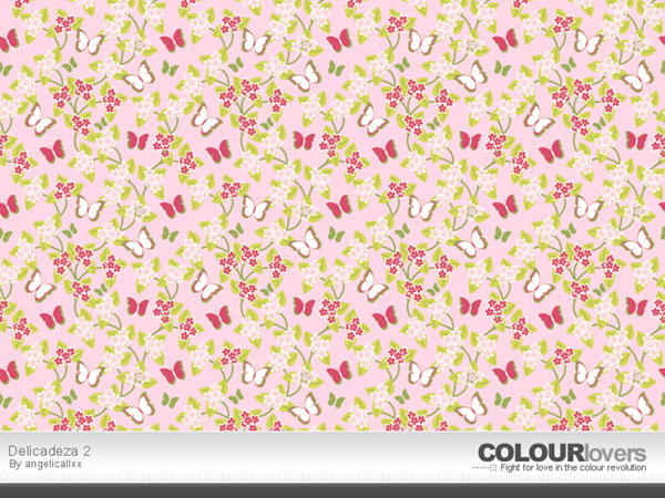 蝶々と小さな花を描いた繊細なイラストパターン。ピンクを基調とした可愛らしいデザイン。