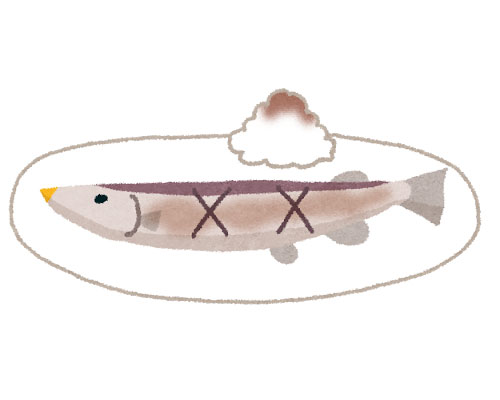 こんがり焦げ目がついた美味しそうな焼き秋刀魚を描いたイラスト。食欲の秋のデザインに。