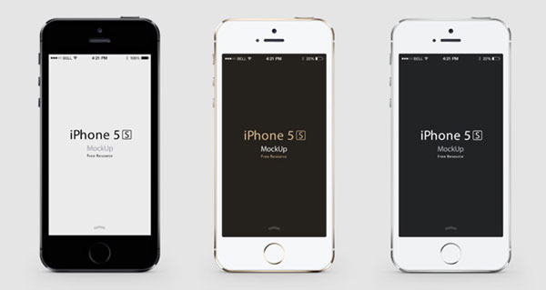 iPhone5SのモックアップテンプレートPSD。ゴールド・シルバー・ブラックの三色セット。