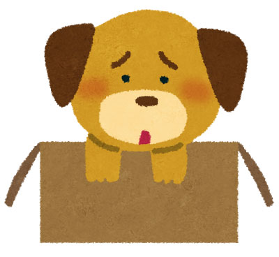 無料素材 ダンボール箱に入って悲しそうな顔をした捨て犬を描いたイラスト