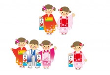 七五三の子供達のイラストセット。カラフルな着物と楽しそうな表情が可愛いデザイン。