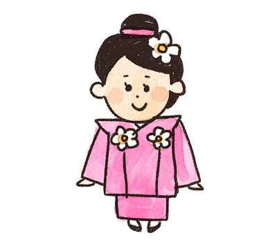 七五三の3歳の女の子を描いたイラスト。ピンクの着物と花飾りの可愛いデザイン。