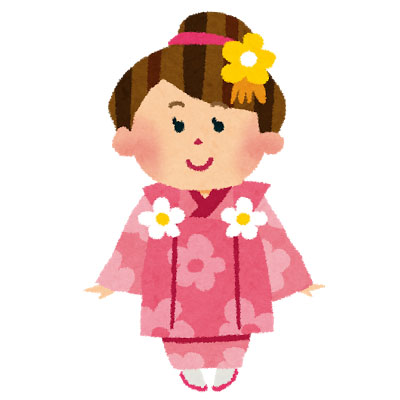 七五三を迎えた3歳の女の子を描いたイラスト。花柄の着物を着て嬉しそうな表情が可愛いデザイン。