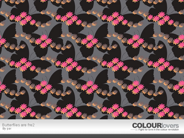 蝶々と花柄でデザインされたイラストパターン。黒とピンクの配色が可愛らしい雰囲気。