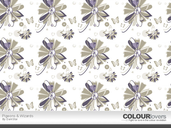 花と蝶をモチーフにデザインしたイラストパターン。グレーと紫の色使いが上品で綺麗。